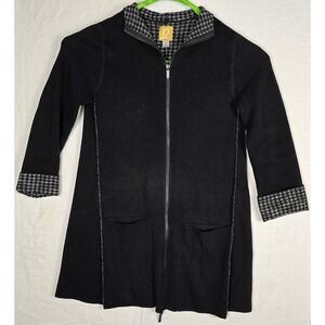 Damask Women's Jacket‎ M Black Zip Up Long Coat Houndstooth Collar Cuffs Cotton